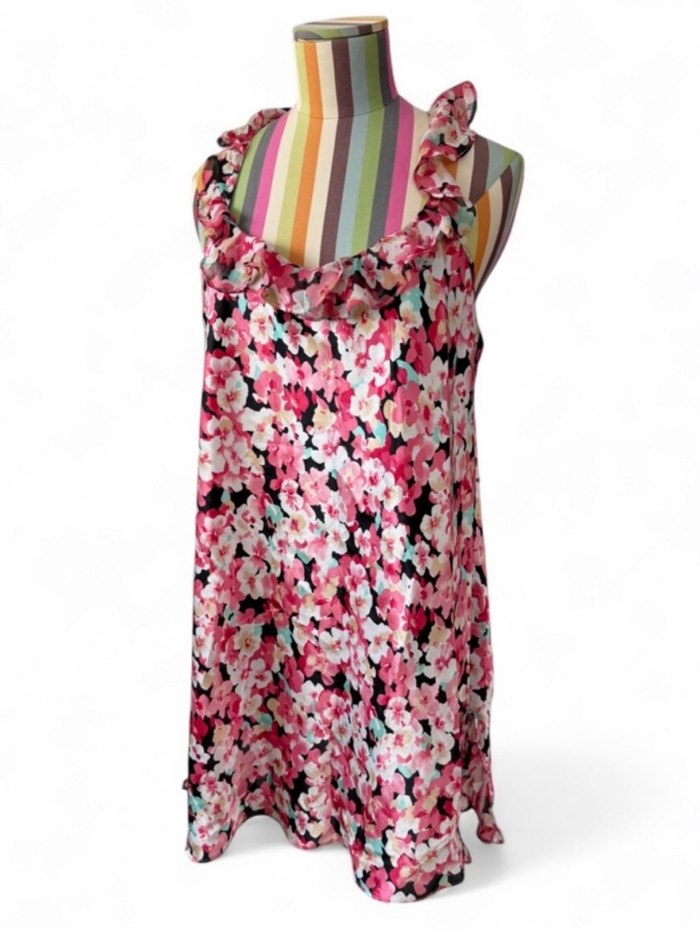 Ruffle Neck Floral Mini Slip Dress Satin
